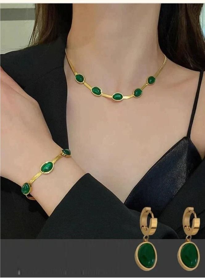 Oval Green Crystal Pendant Necklace Set With Bracelet - Havenkart