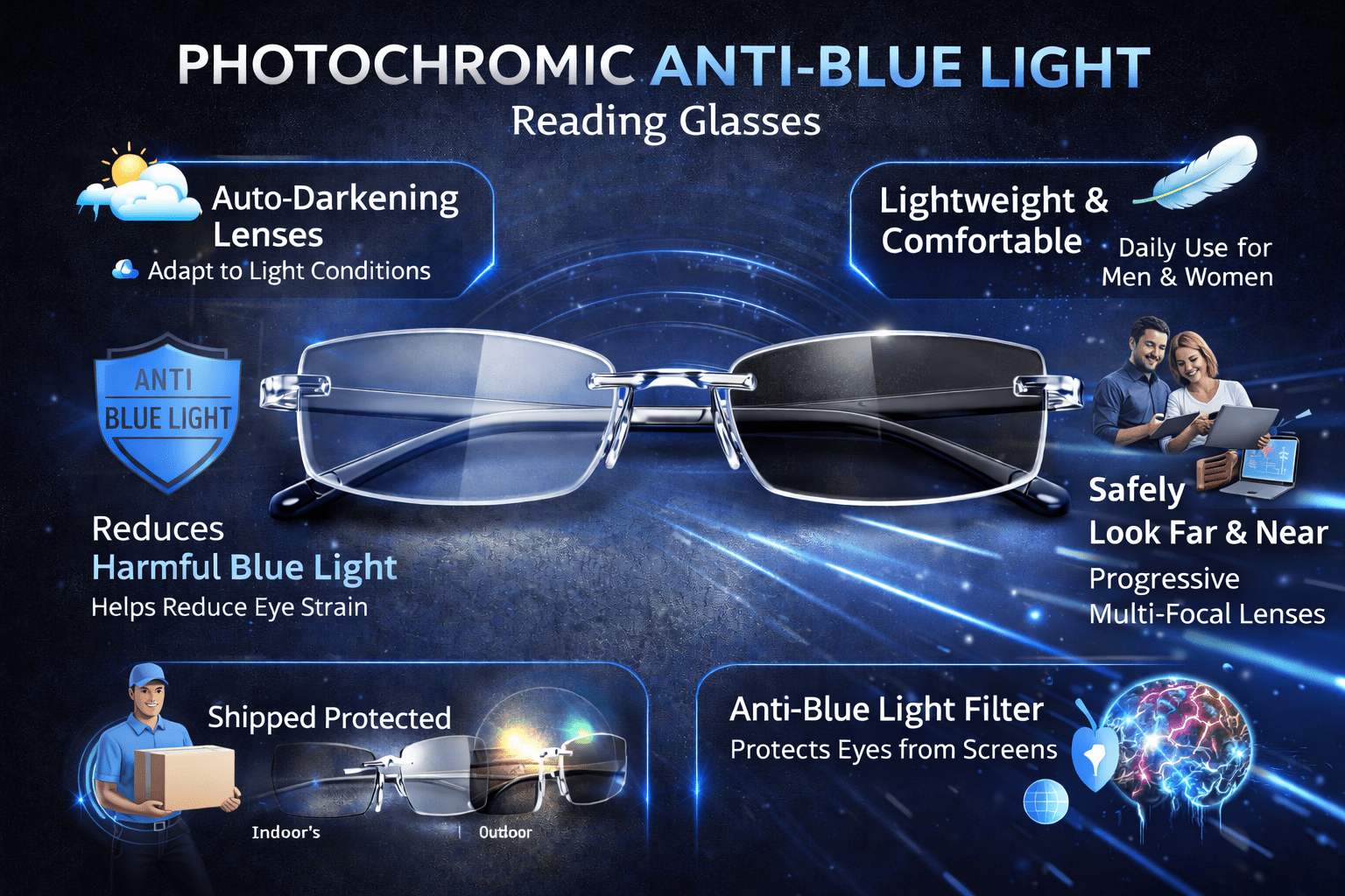 Photochromic Anti - Blue Light Reading Glasses (Pack of 2) - Havenkart
